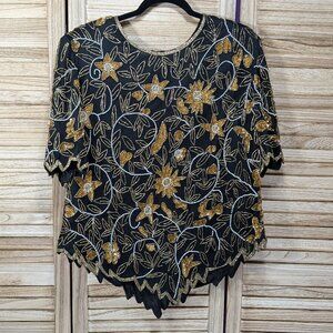 VINTAGE Laurence Kazar 100% Silk Black and Gold Floral Beaded Top Size 2X